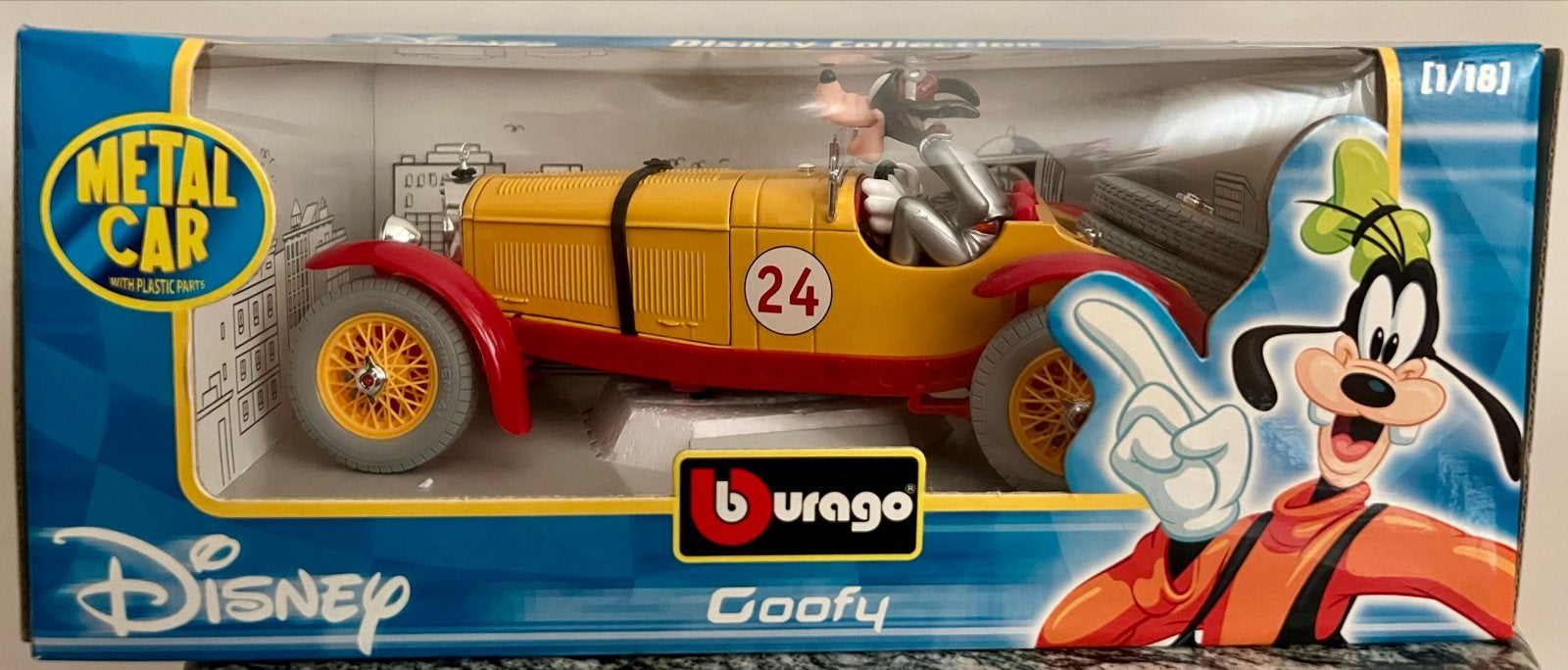 Disney Collection Bburago Goofy Metal Car 1/18, Ophalen, Goofy of Pluto, Zo goed als nieuw, Beeldje of Figuurtje