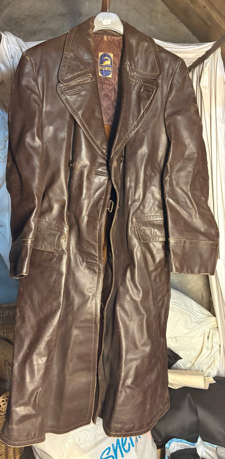 Vintage Gelmok Leren Trenchcoat - Bruin, Ophalen, Gedragen, Maat 48/50 (M), Bruin