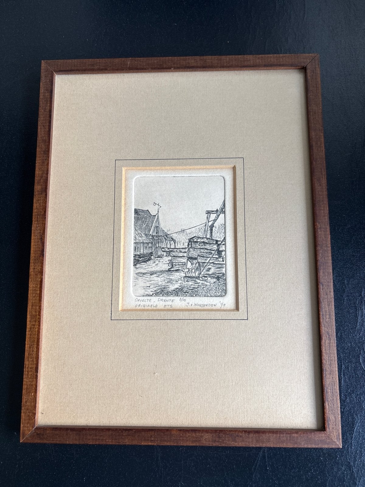 Originele Ets 'Orvelte, Drente' door J.W. Wingerden '79, Ophalen of Verzenden, Landschap, 1950 - 1999, Genummerd