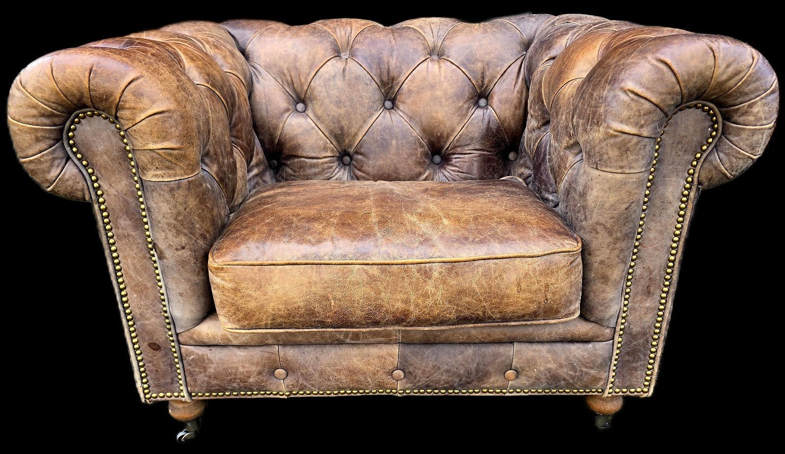 Vintage Chesterfield fauteuil grijs bruin leer + BEZORGD