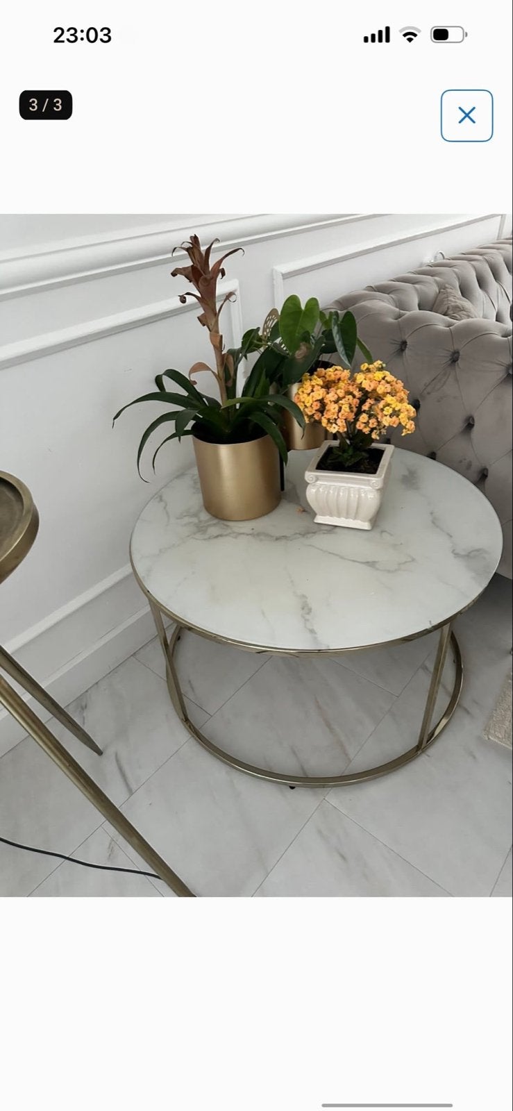 Ronde salontafel Westving met glas en gouden onderstel, Ophalen, 50 – 75, Rond, 50 tot 100 cm