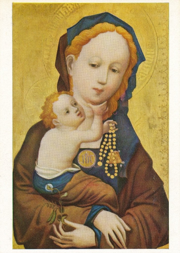 Religieuze kunstkaart Madonna met Kind en gebedssnoer, Ophalen of Verzenden, Zo goed als nieuw, Kaart of Prent, Christendom | Katholiek