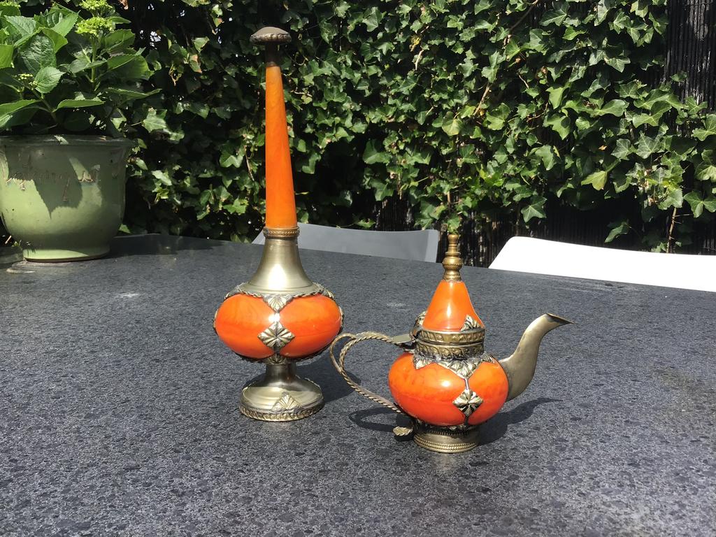 Vintage Marokkaanse rozenwatersproeier Amberhars, Ophalen of Verzenden, Zo goed als nieuw, Parfumfles