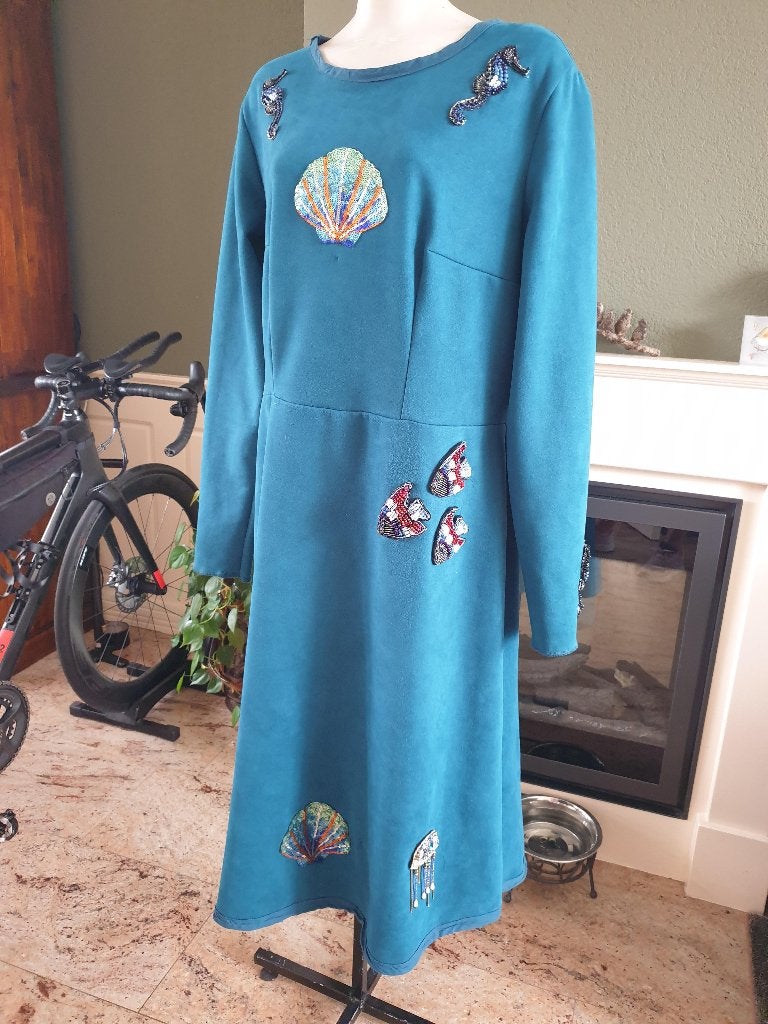 Dikkere turquoise vis schelp applicatie jurk XXL 46, Kleding | Dames, Blauw, Maat 46/48 (XL) of groter, Ophalen of Verzenden, Zo goed als nieuw