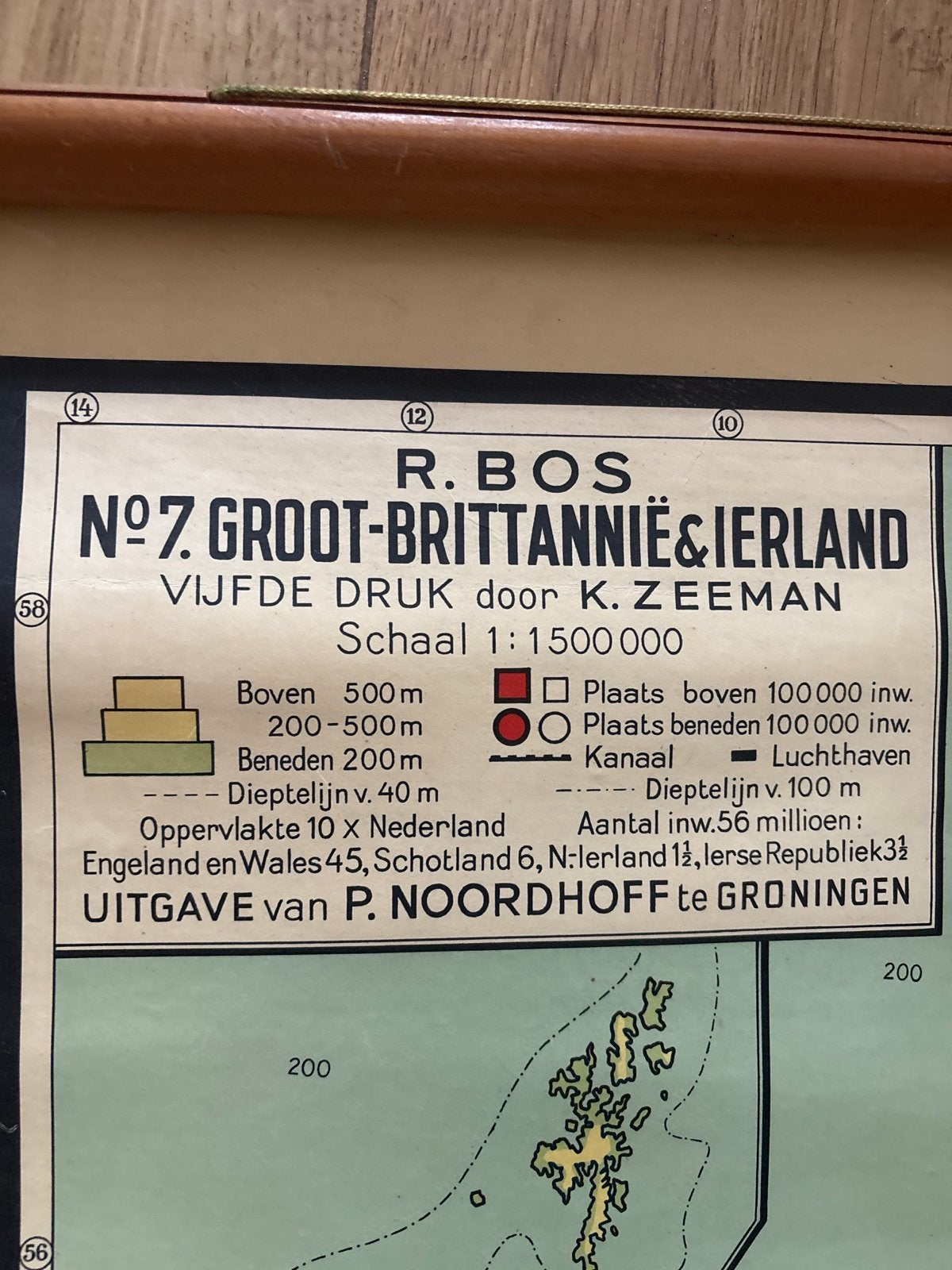 Vintage Schoolkaart Groot-Brittannië & Ierland - Bosatlas, Boeken, Gelezen, Bosatlas, Verenigd Koninkrijk, Ophalen of Verzenden