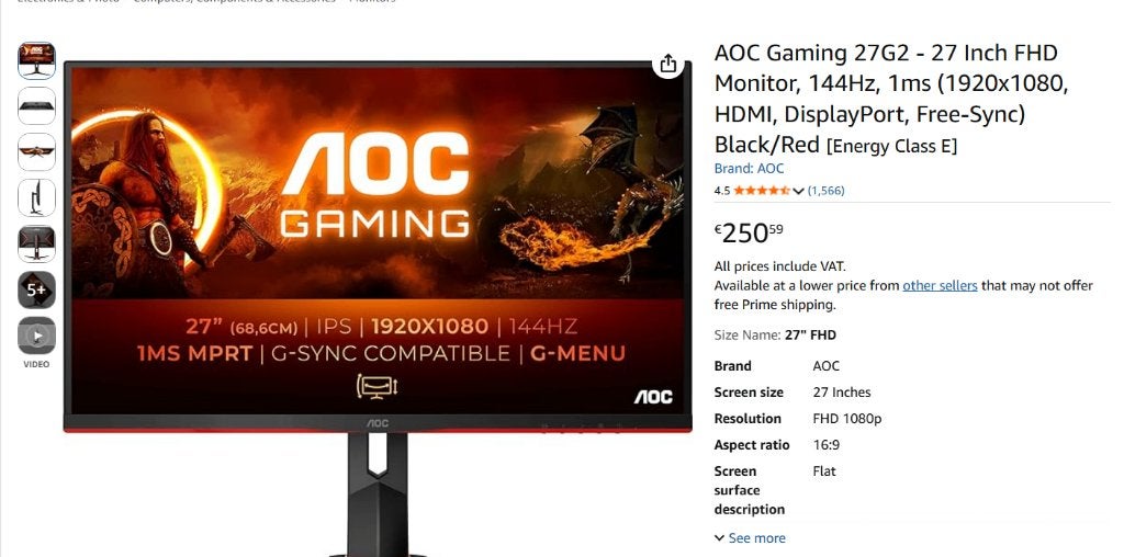 AOC 27G2, IPS, 101 t/m 150 Hz, Minder dan 1 ms, Ophalen