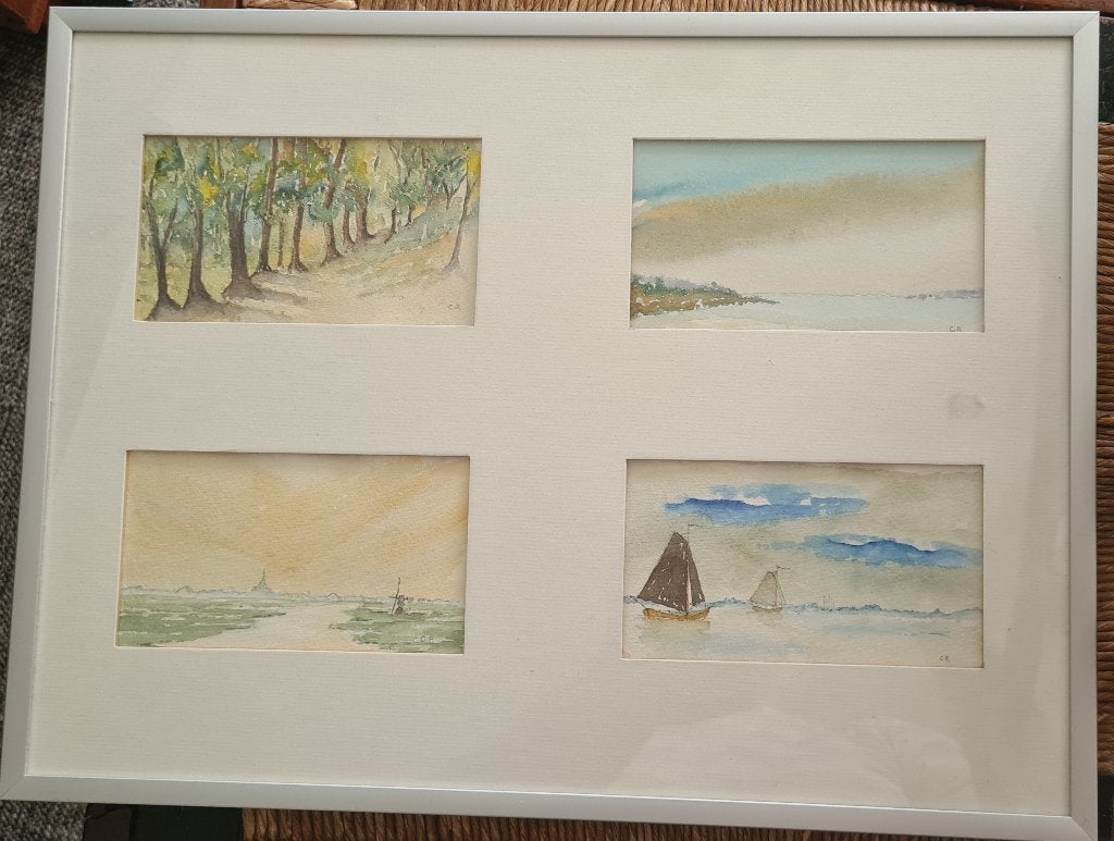 4 Aquarellen natuur Noord Holland, Antiek en Kunst, Landschap, Aquarel, Passe-partout, Papier/karton