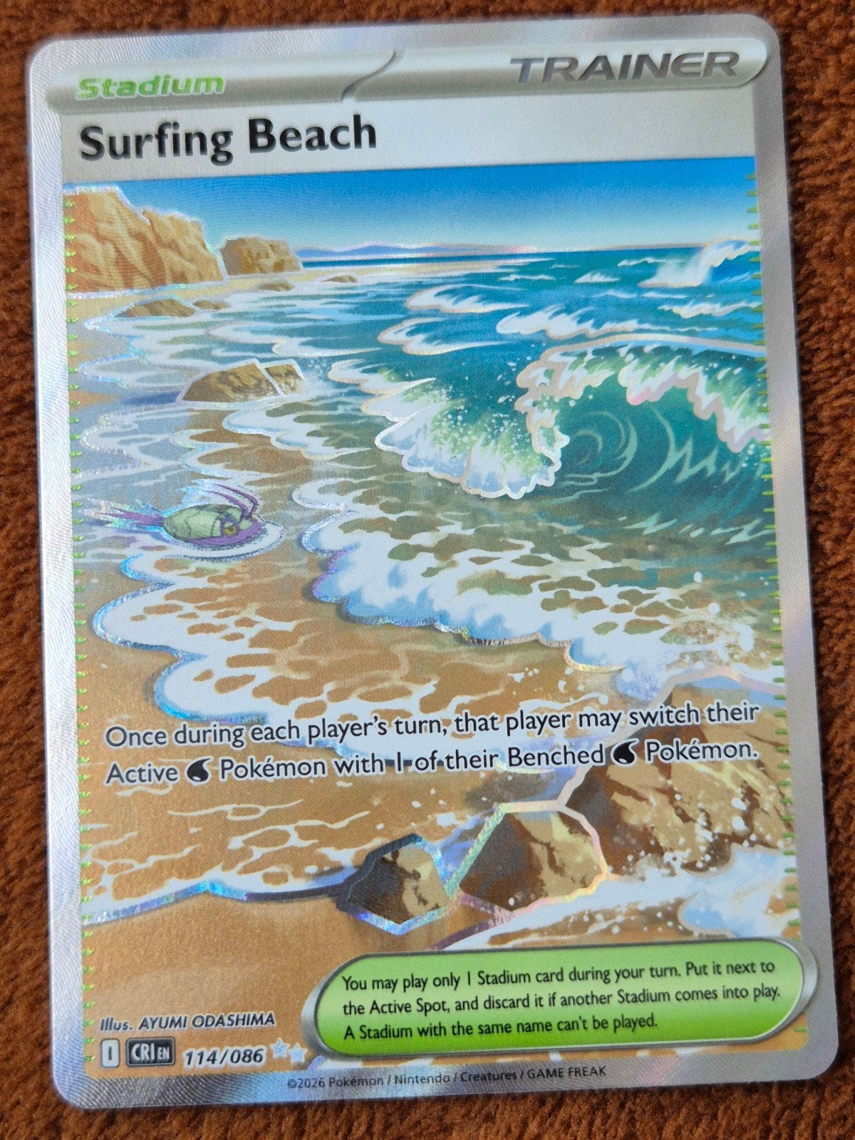 Surfing Beach - 114/086 - Chaos Rising (CRI 114) NM, Ophalen of Verzenden, Nieuw, Losse kaart, Foil