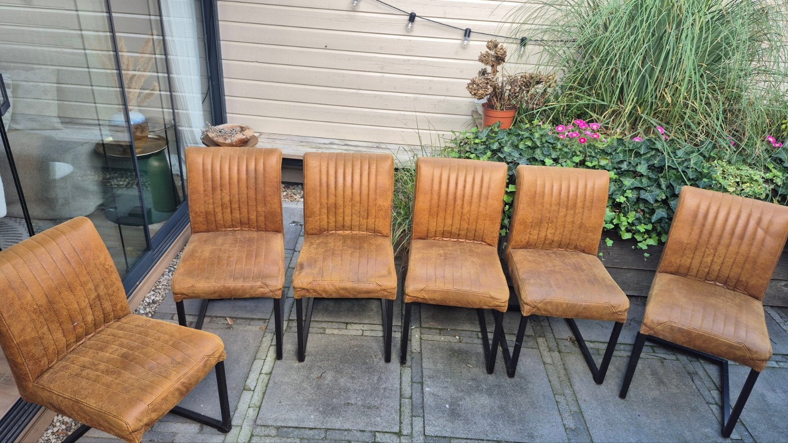 6 cognac Suedine stof eetkamerstoelen met zwart metalen fr, Huis en Inrichting, Ophalen, Gebruikt, Zwart, Stof