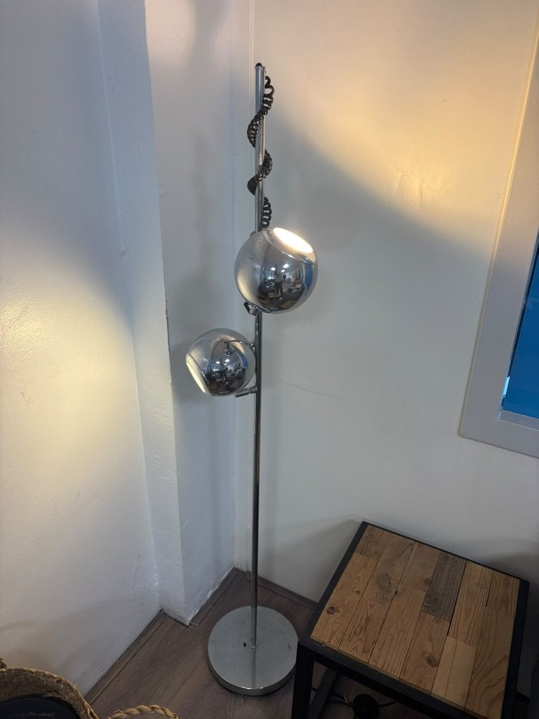 Vintage chromen eyeball vloerlamp, 2 bollen, jaren 70, Ophalen, Vintage / space age, Gebruikt, E14 (klein)