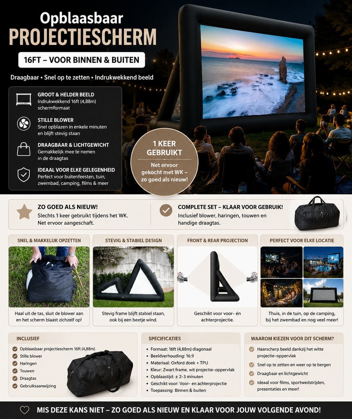 Opblaasbaar Projectiescherm 16ft - Zo goed als nieuw!, Ophalen of Verzenden, Zo goed als nieuw