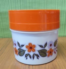 vintage voorraadpotje met oranje deksel en bloemmotief, Ophalen of Verzenden