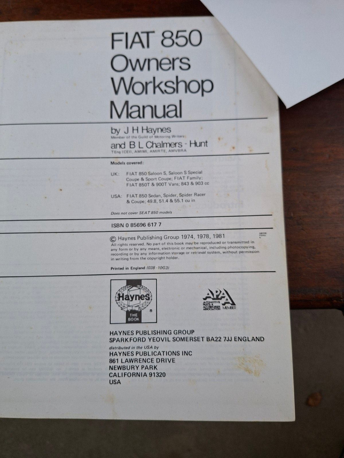 FIAT 850 Owners Workshop Manual Haynes, Boeken, Ophalen of Verzenden, Gelezen, Overige merken, J H Haynes en B L Chalmers-Hunt