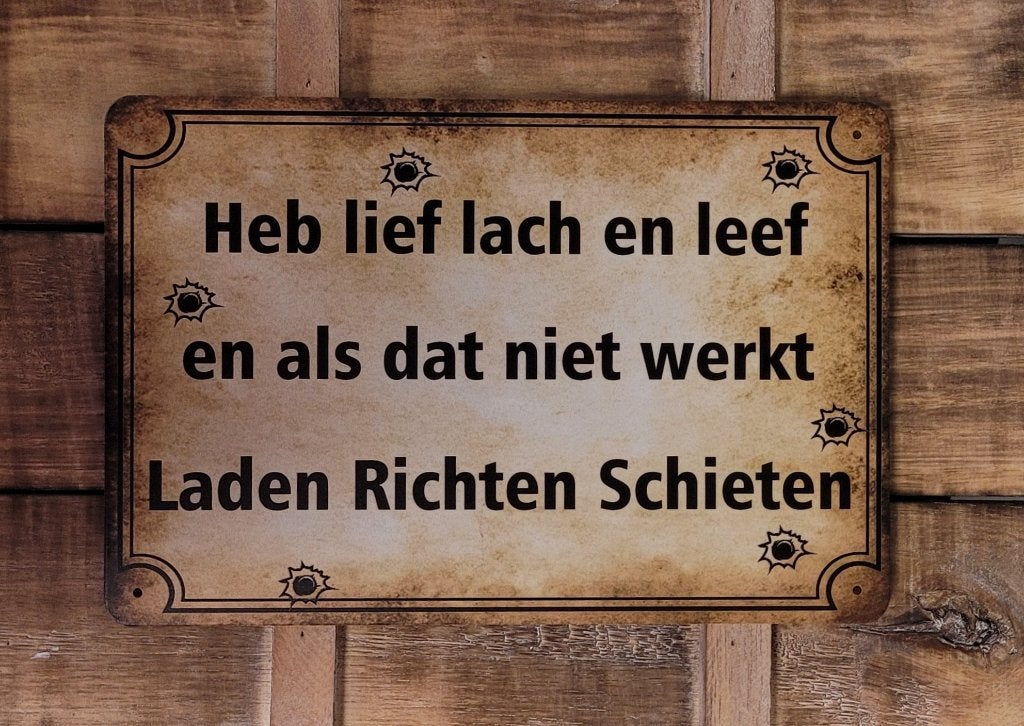 Lief laden richten schieten reclamebord van metaal wandbord, Info@deconoord.nl, Deco Noord, Nieuw, Ophalen of Verzenden