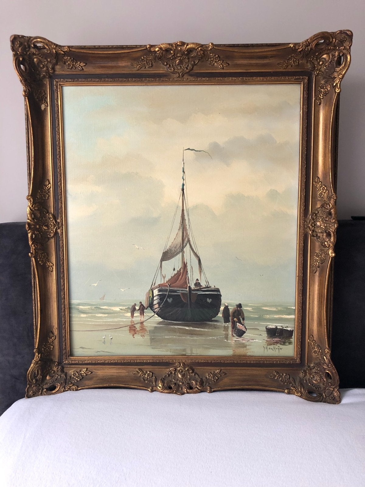 Schilderij Jan den Heijer - Scheveningse visserij, Antiek en Kunst, Ophalen, Doek, Realistisch, Gesigneerd