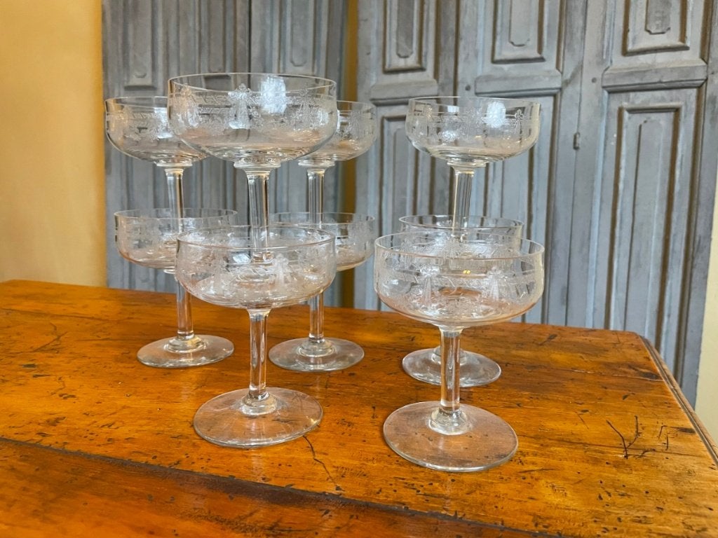 9 x Champagne Coupes Glazen 19e eeuw Gegraveerd Frans, Ophalen of Verzenden