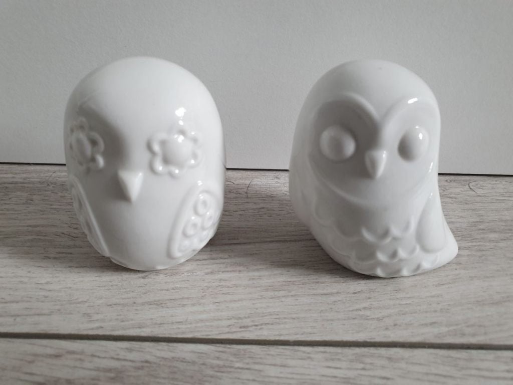 2 wit glimmende stenen uiltjes, Verzamelen, Beelden en Beeldjes, Ophalen of Verzenden, Nieuw, Dier