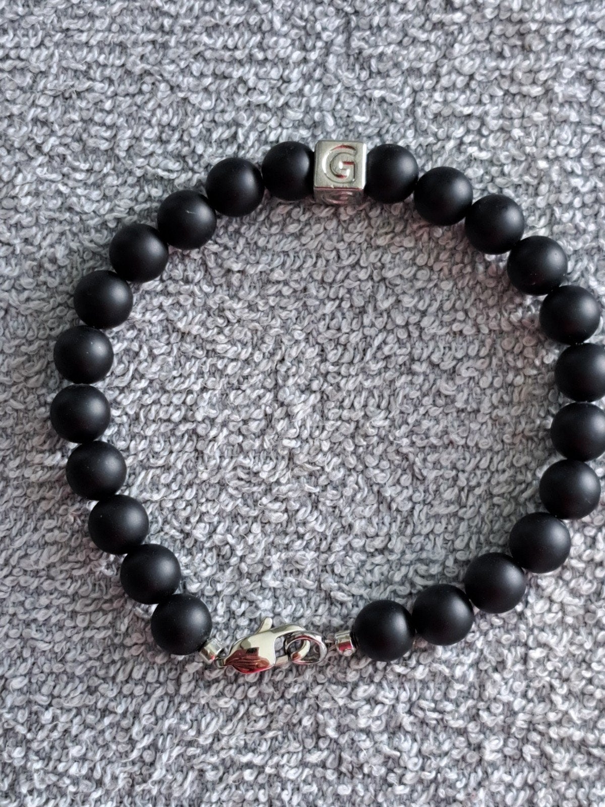 Armband onyx letterkraal G - 21 cm, Ophalen of Verzenden, Nieuw, Zilver