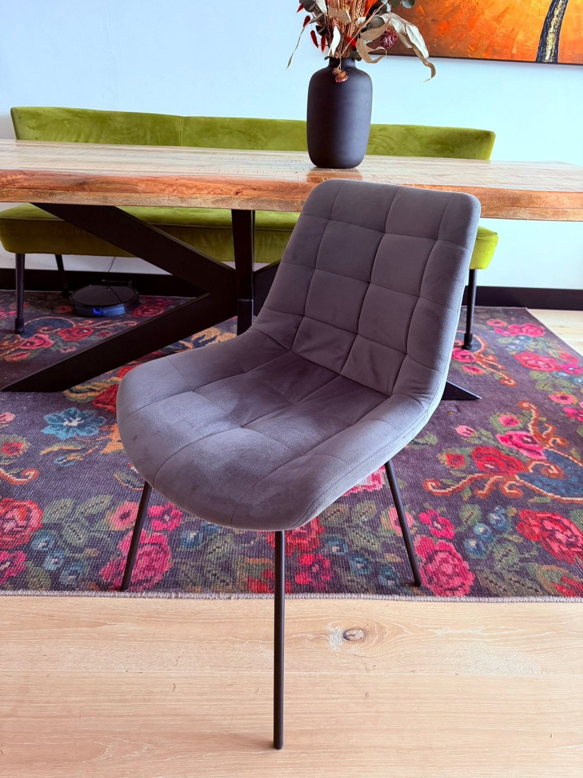 4 grijze velvet eetkamerstoelen, Ophalen, Zo goed als nieuw, Vier, Stof