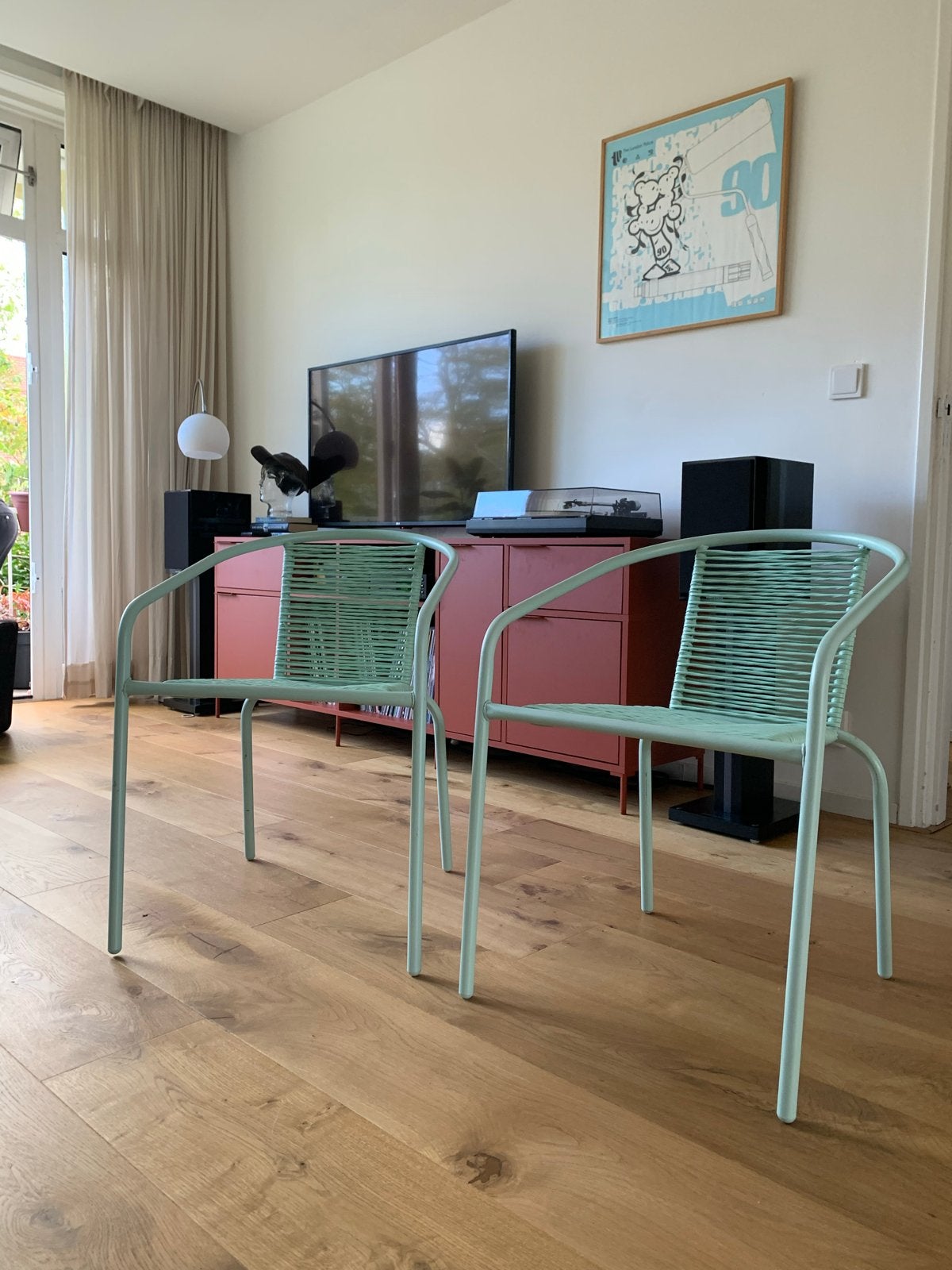 Twee lichtblauw / turquoise / groene stoelen voor buiten, Kunststof, Twee, Blauw, Nieuw