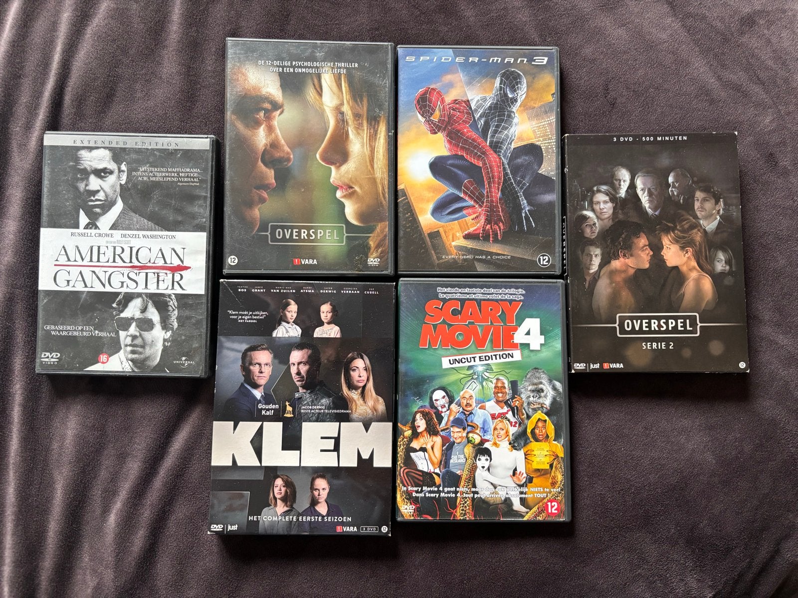 6 DVD's: American Gangster, Spider-Man 3, Scary Movie 4, Ove, Vanaf 12 jaar, Ophalen of Verzenden, Gebruikt, Inclusief doosje