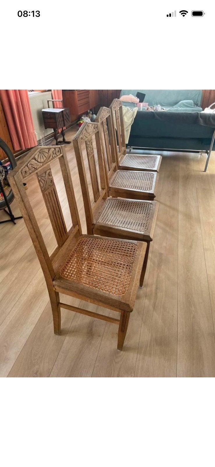 4 geloogd eiken webbing stoelen, Huis en Inrichting, Stoelen, Antiek, Gebruikt, Bruin, Ophalen of Verzenden