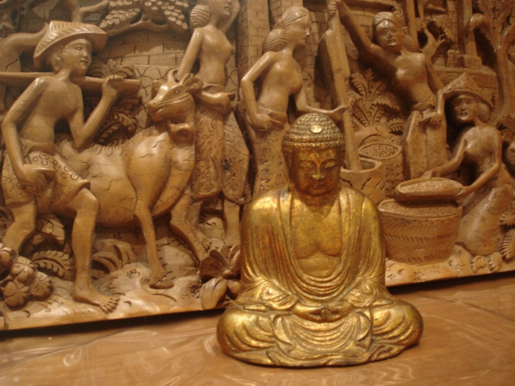 Kamakura Daibutsu-beeld: gepatineerd koperen Boeddhabeeld, Metaal, Zo goed als nieuw, Goud, Ophalen