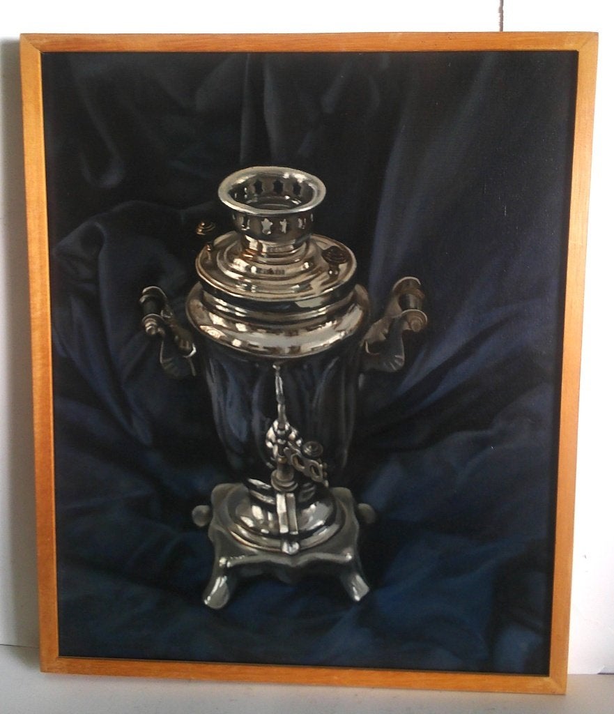 Samovar op blauw fluweel - Jan Blommerde geb. 1972 (Leiden), Doek, Realistisch, Stilleven, Ophalen of Verzenden