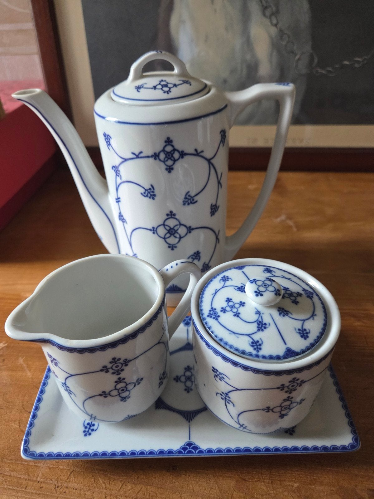 Antiek porseleinen koffieservies, blauw-wit decor, Ophalen of Verzenden