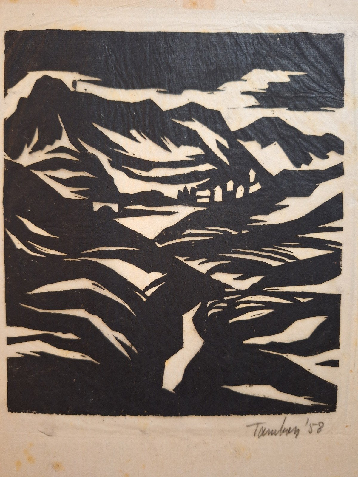 Houtsnede Duinen van Tamboer, 1958, Ophalen of Verzenden