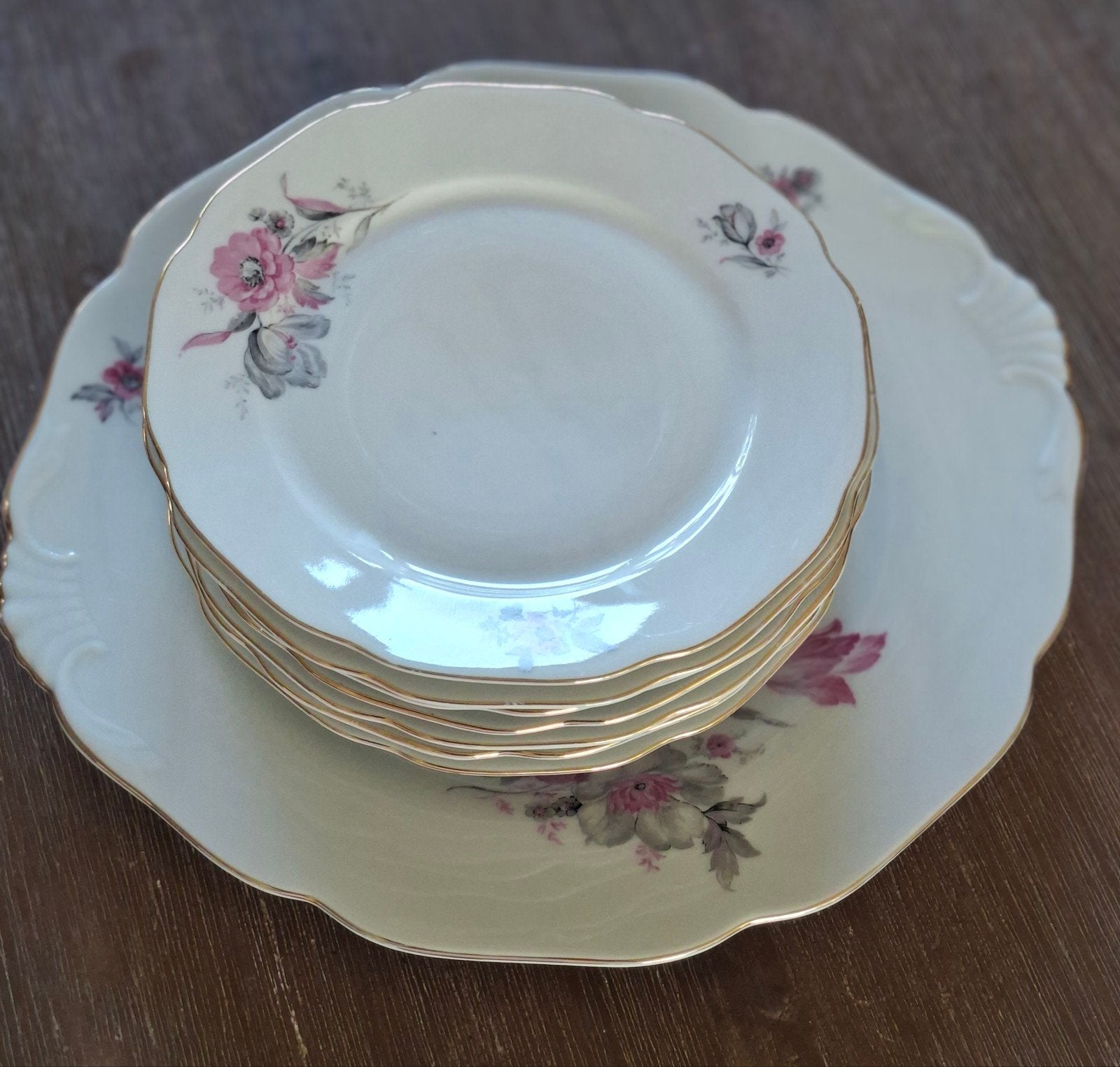 Vintage Tsjechoslowaaks Porseleinen taart Servies met Rozen, Ophalen