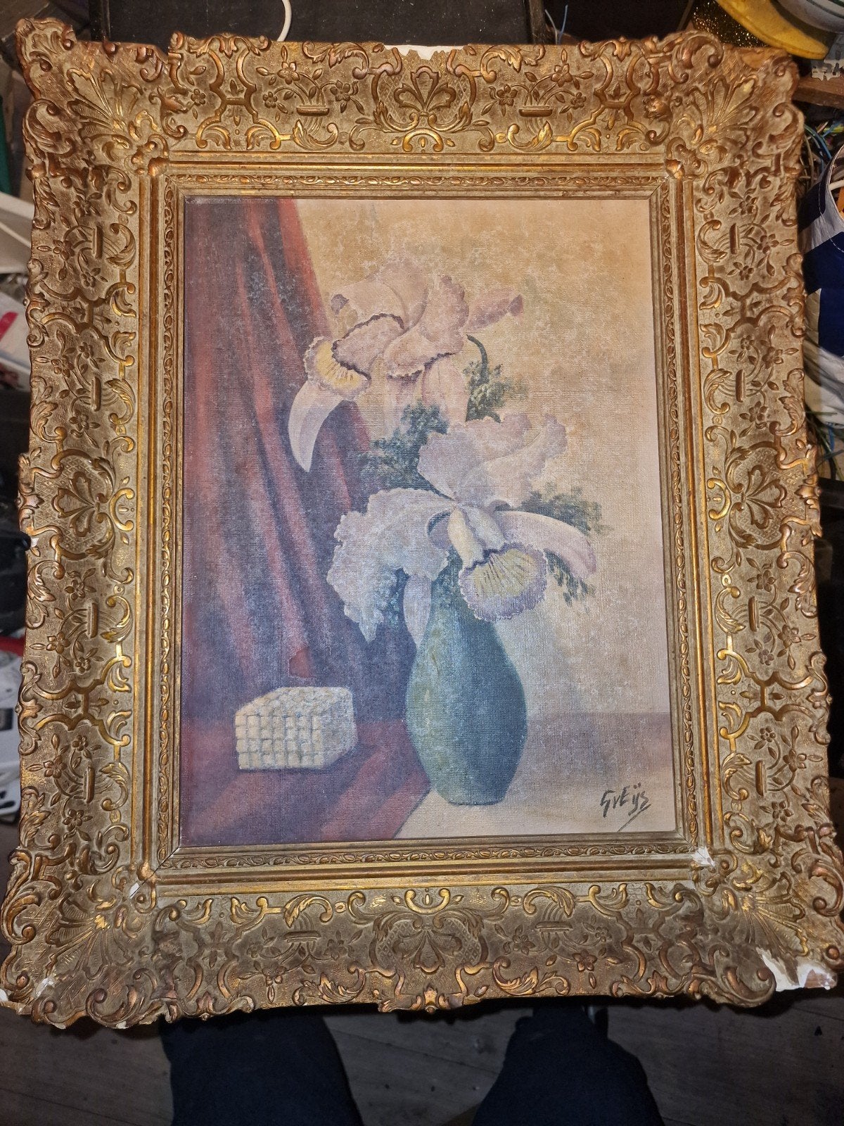 Schilderij met bloemen in sierlijke lijst - gesigneerd, Ophalen