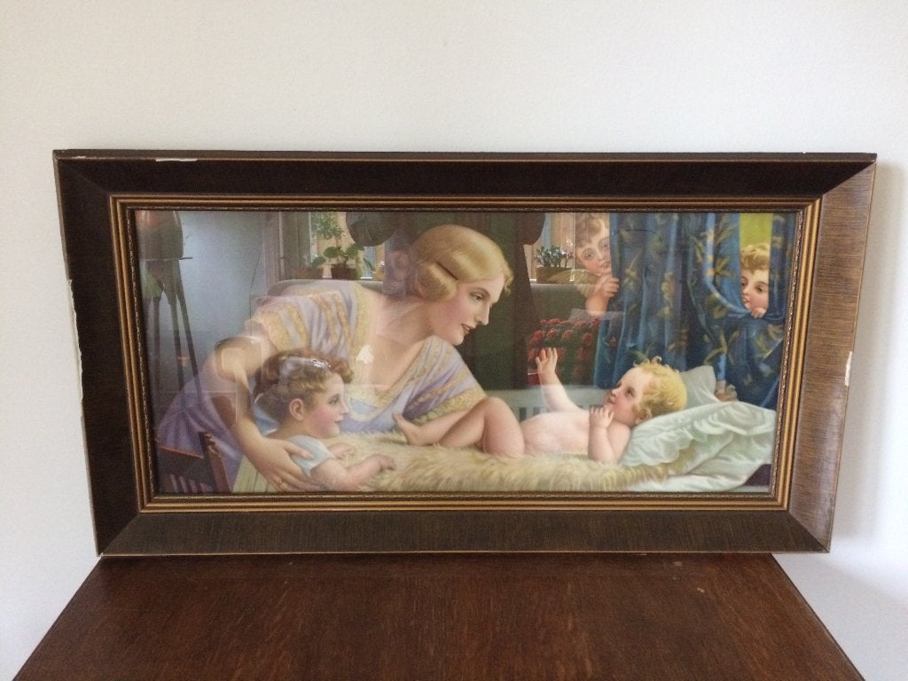 Jaren 50 moeder met haar kindje & baby op commode schilderij, Ophalen of Verzenden, Gebruikt, Kraamcadeau