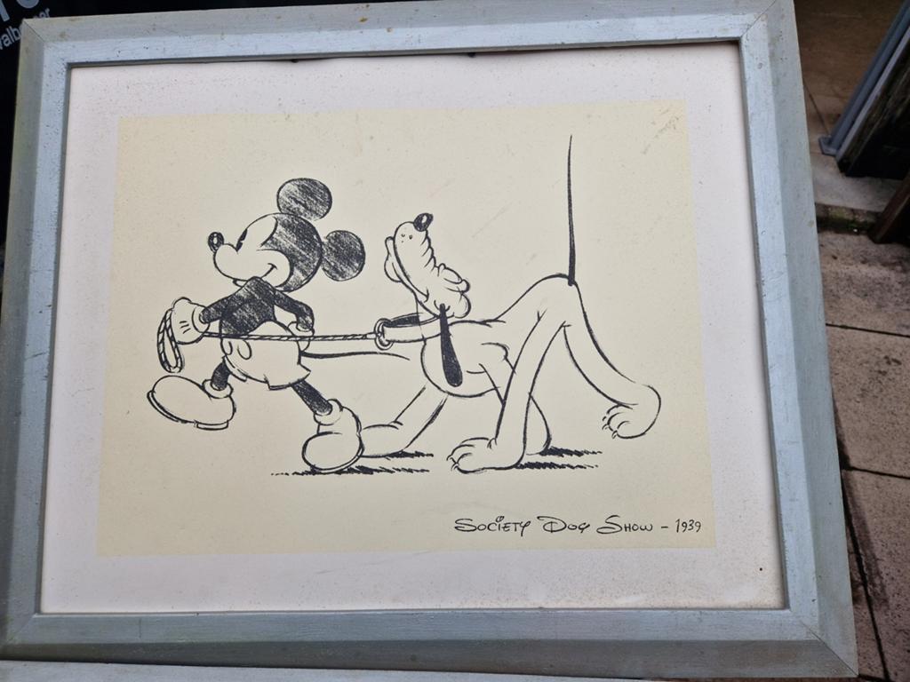 Vintage Disney Mickey Mouse & Pluto tekening 1939, Ophalen, Mickey Mouse, Gebruikt, Plaatje of Poster