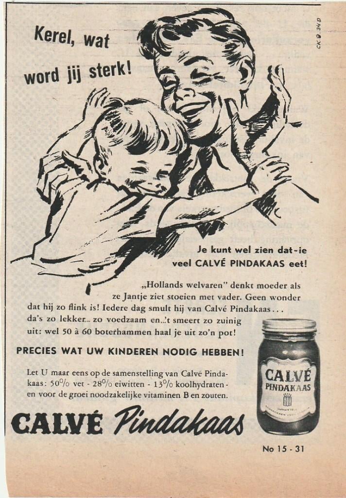 Retro reclame 1953 Calvé pindakaas jongetje sterke kerel, Verzenden, Overige typen