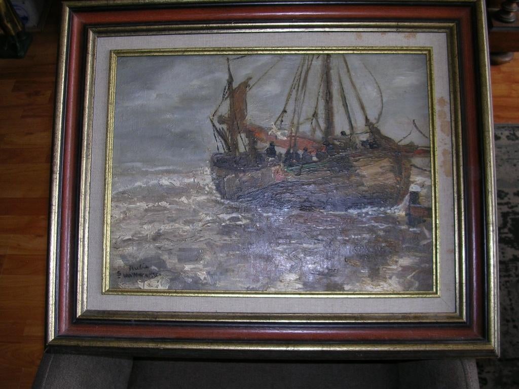 Olieverf schilderij van een boot op paneel gesingeerd., Ophalen