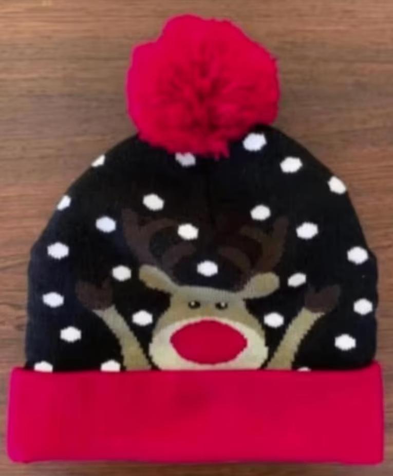 Rendier muts, kerstmuts, wintermuts rood, zwart witte stippe, Ophalen of Verzenden, Zo goed als nieuw, Muts