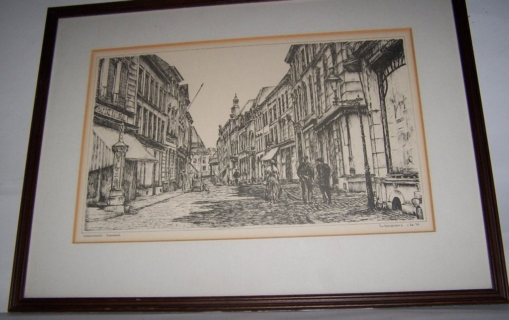 Varkensmarkt Roermond- Jo Kempkens 78. Izgs., Gesigneerd, 1950 - 1999, Stadsgezicht, 47 cm