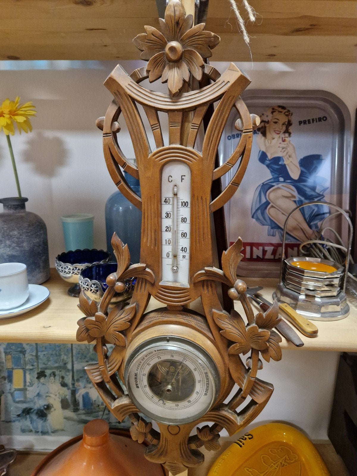 Antieke Barometer met Thermometer - Houtsnijwerk, Gebruikt, Ophalen of Verzenden, Onbekend, Onbekend