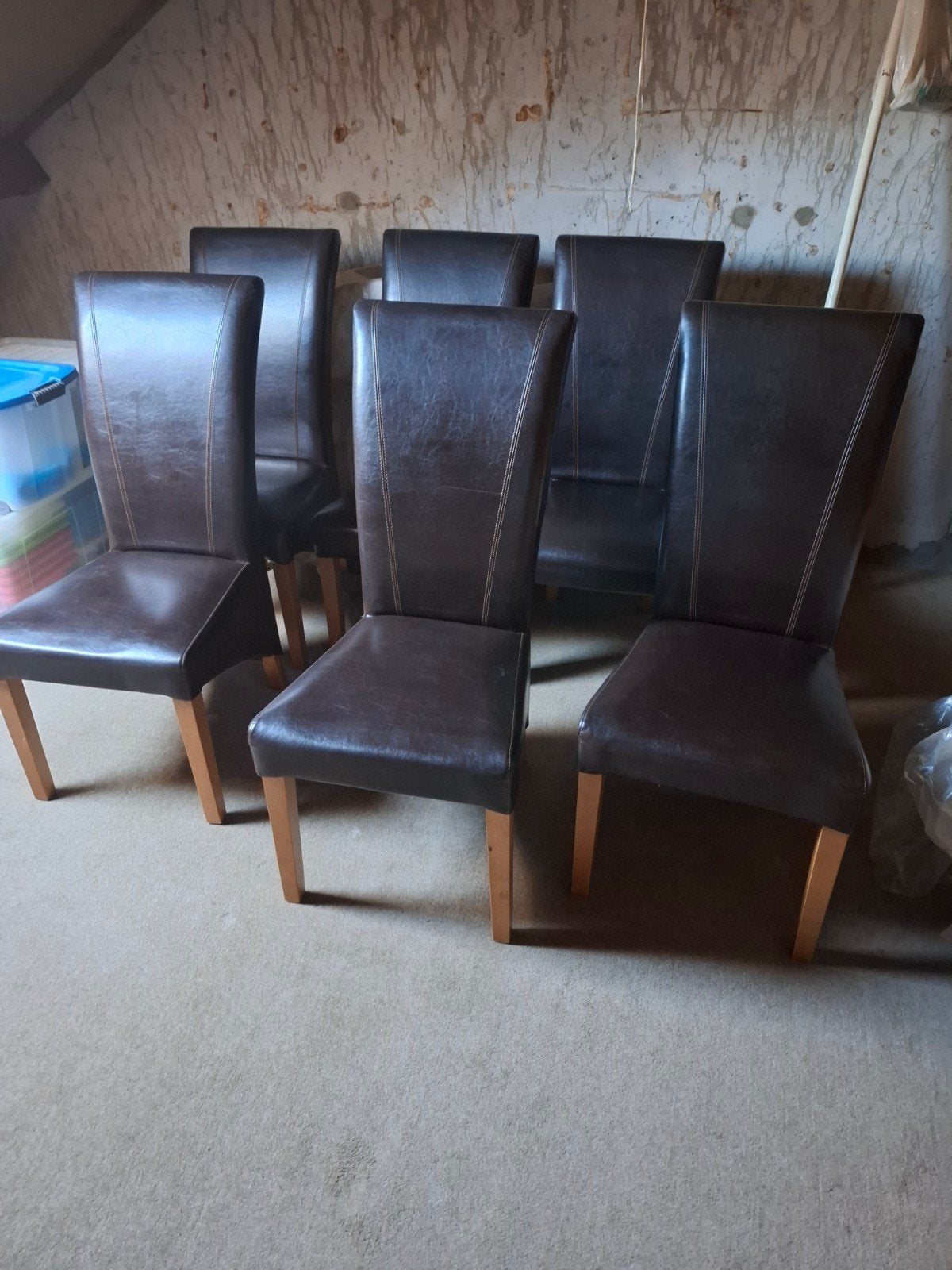 6 eetkamerstoelen te koop (lederlook), Ophalen, Overige materialen, Gebruikt, Bruin