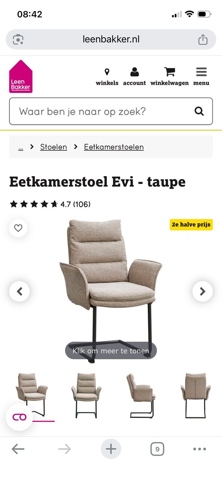 Eetkamerstoel Evi stof taupe, Huis en Inrichting, Ophalen, Overige kleuren, Nieuw, Eén