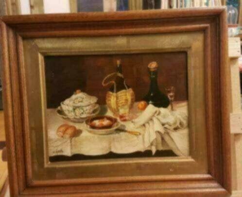 Olieverf metaal stilleven wijn brood gebakken eieren glas., Ophalen