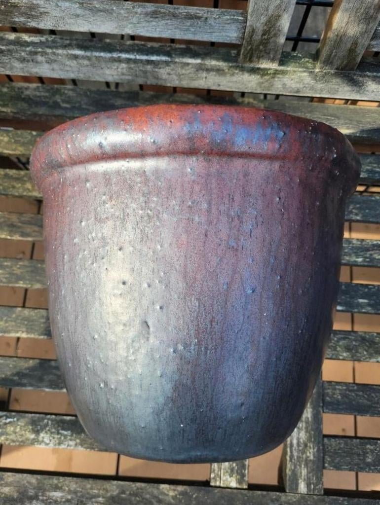 Mooie bordeaux/metallic/zilver geglazuurde bloempot, Rond, Zo goed als nieuw, Minder dan 40 cm, Ophalen