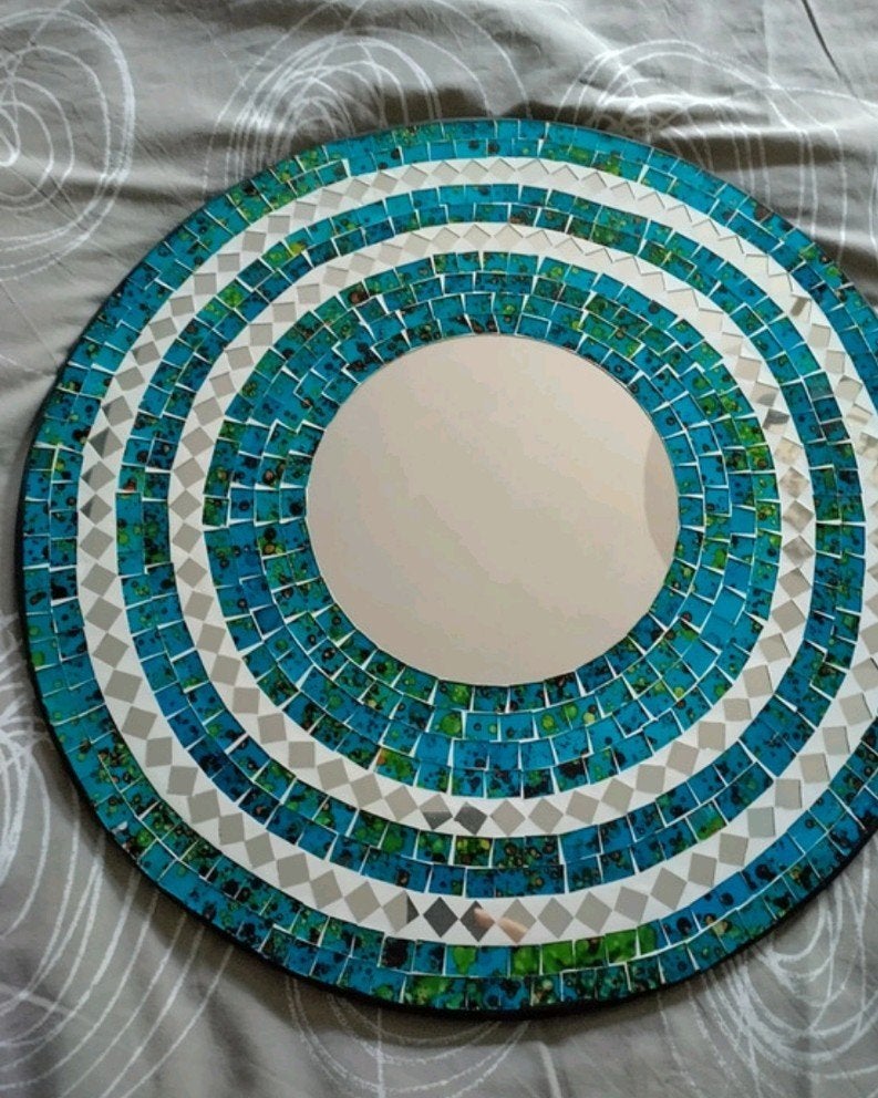 Ronde mozaïek spiegel uit Bali - Blauw/Groen, Huis en Inrichting, Ophalen, Gebruikt, Rond, Minder dan 100 cm