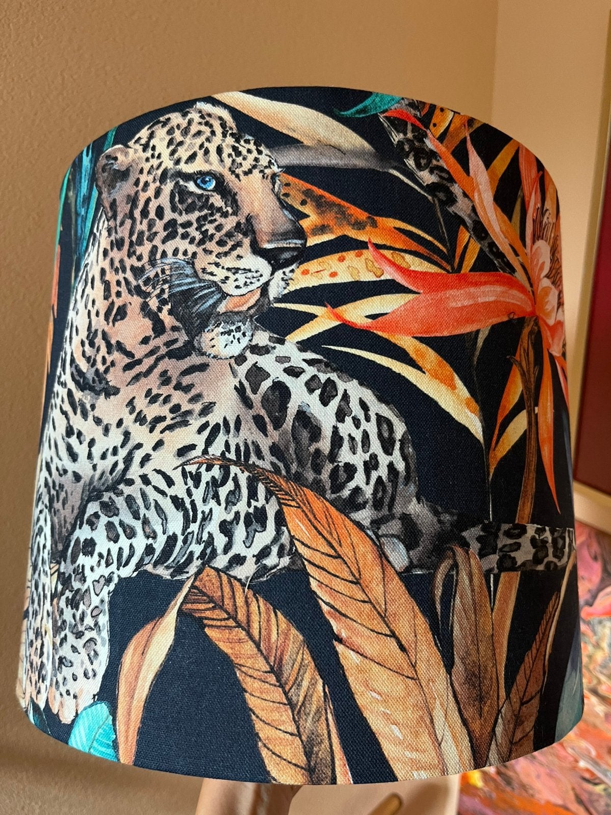 Lampenkap luipaard leopard exotisch blauw zwart oranje, Ophalen, Zo goed als nieuw, Zwart, Rond