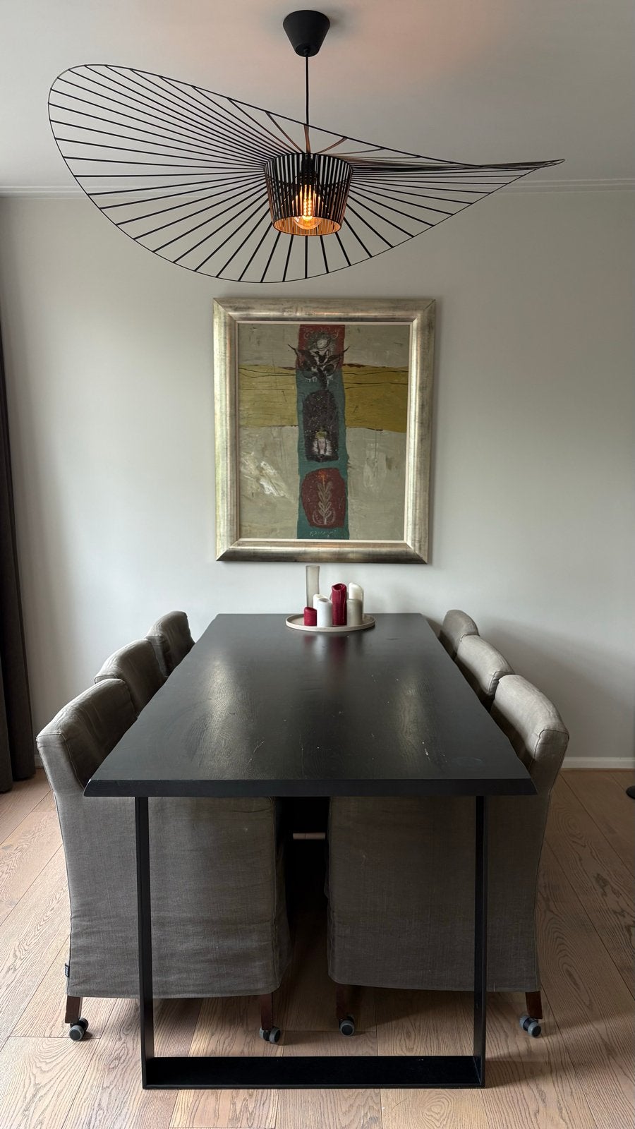 Rustieke massief eikenhouten tafel zwart met stalen poten, Ophalen, Gebruikt, 100 tot 150 cm, Eikenhout