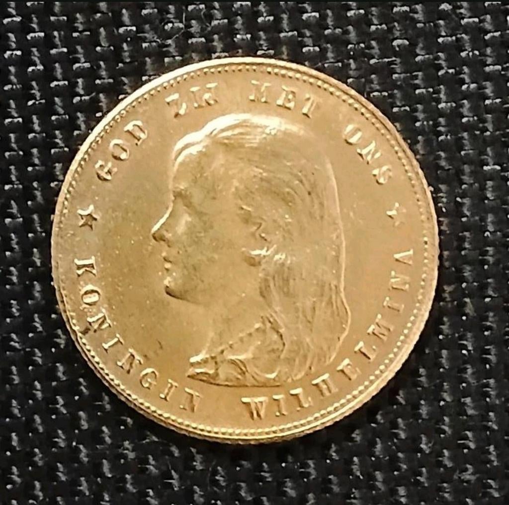Gouden 10 Gulden Wilhelmina tientje verguld naslag jaar 1897, Postzegels en Munten, Munten | Nederland, Verzenden, Goud, Koningin Wilhelmina