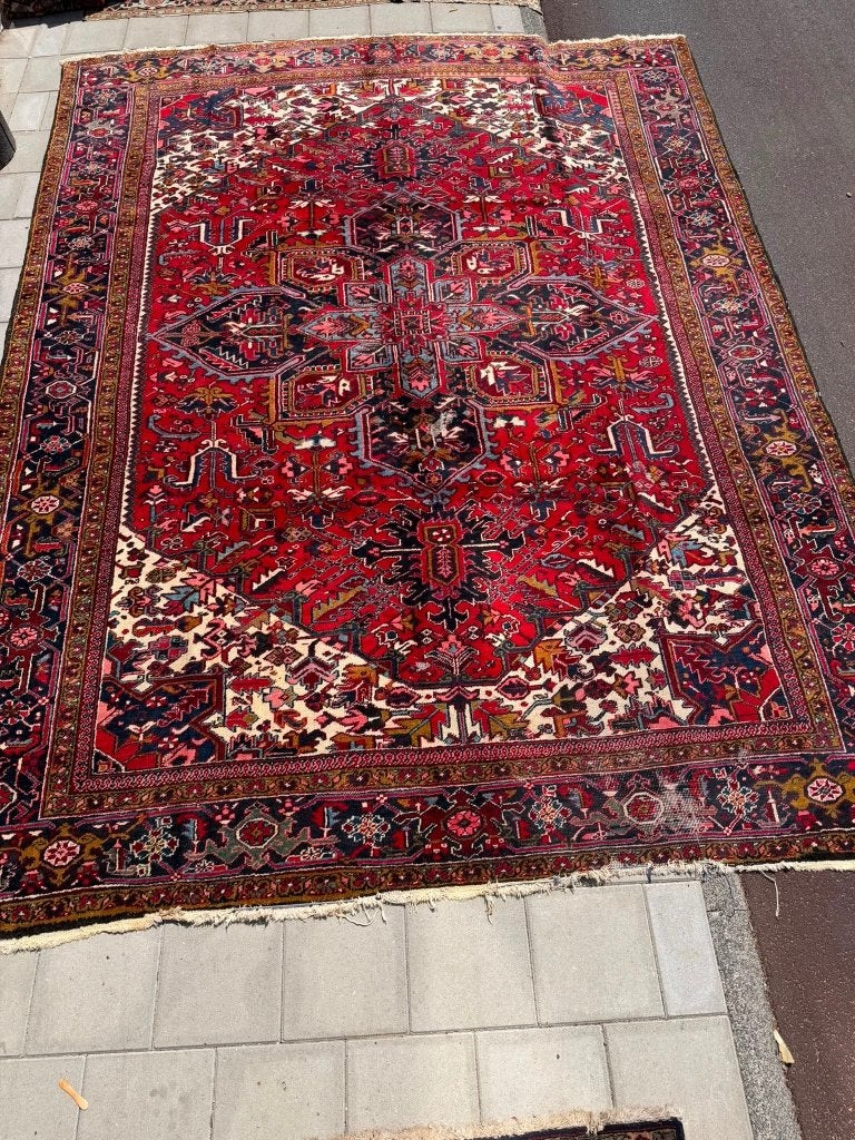 Prachtig Heriz tapijt –386x292cm –opvallend rood & turquoise, Wool, Gebruikt, Crème, 200 cm of meer