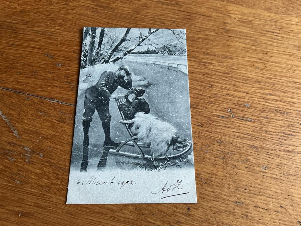 H153 man vrouw slee ijs, Verzamelen, Ophalen of Verzenden, Voor 1920, Overige thema's