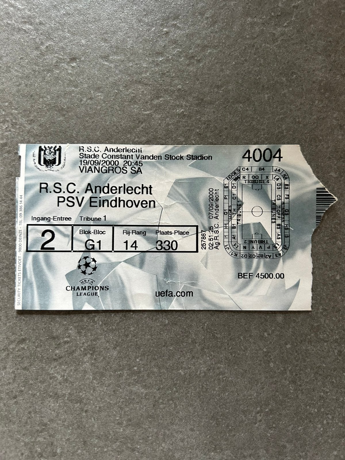 Anderlecht - PSV ticket, Ophalen of Verzenden, PSV, Overige typen